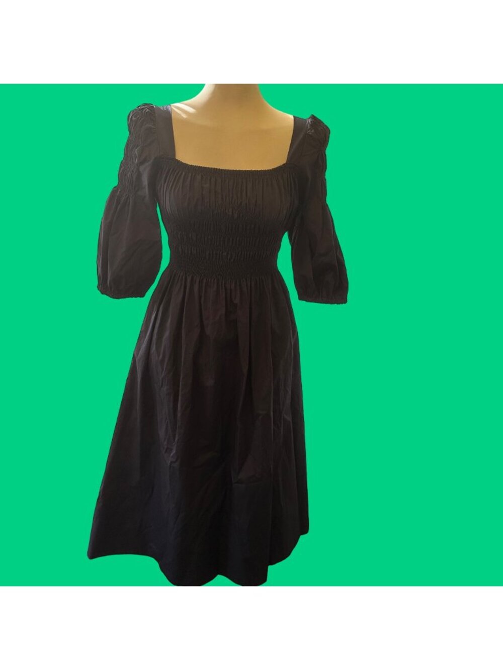 Monica Nera Navy Penelope Dress With Smocked Square Neckline & Puff Sleeves Sign - Picture 1 of 10